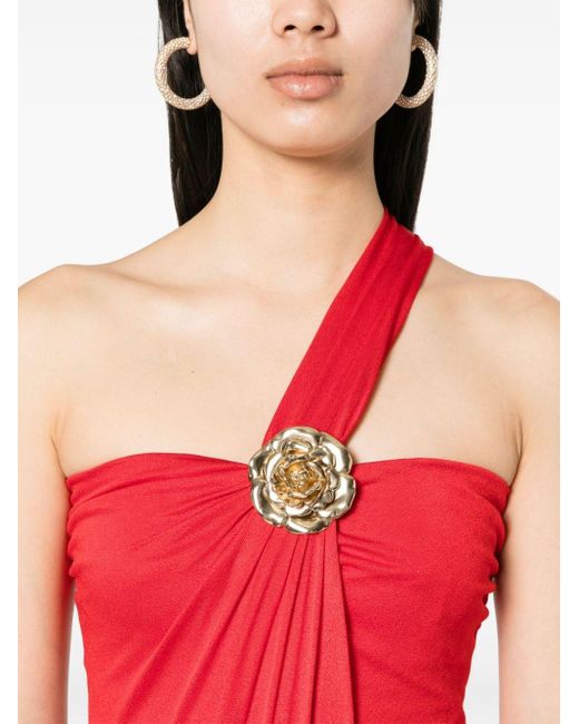Blumarine Red One-shoulder Dress With Bijou Rose
