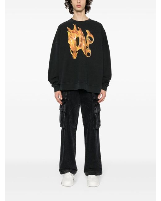 Palm Angels Black Burning-print Cotton Sweatshirt for men
