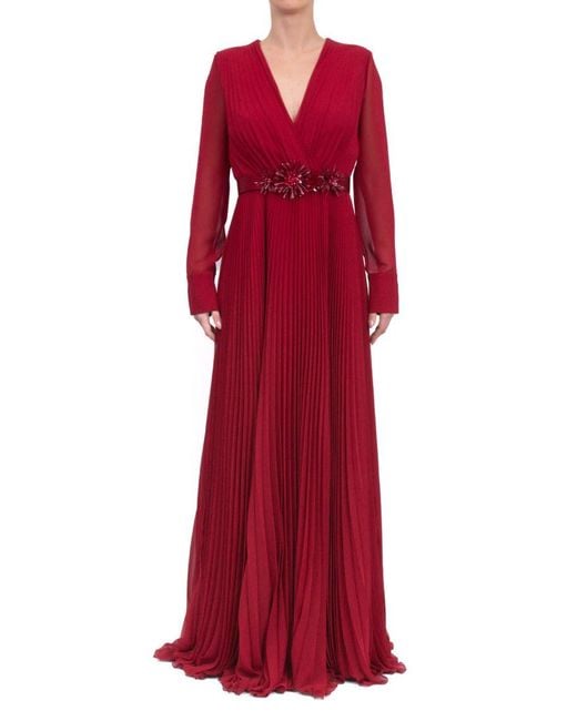 Max Mara Red Long Pleated Chiffon Dress