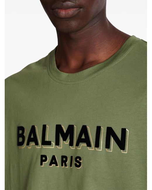 Balmain Green Flocked Logo T-shirt for men