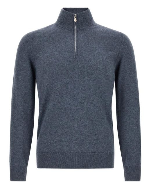 Brunello Cucinelli Blue Solid Mock Collar Sweater for men