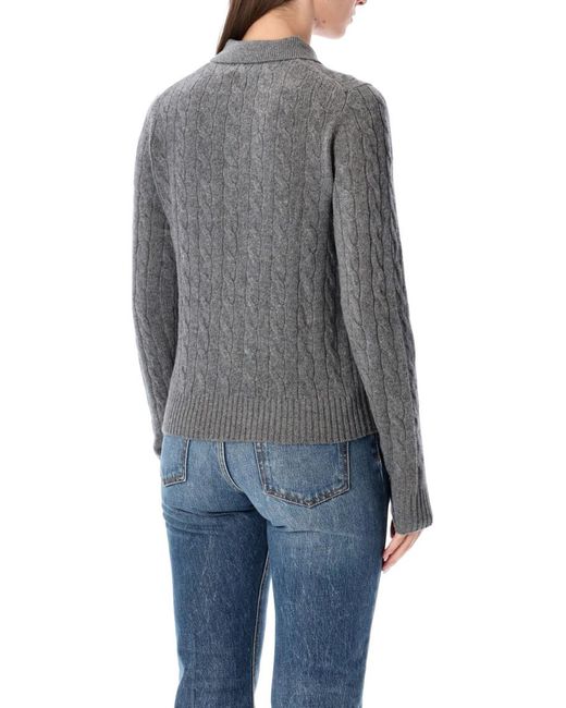 Ralph Lauren Gray Cable-Knit Wool Cashmere Polo Sweater