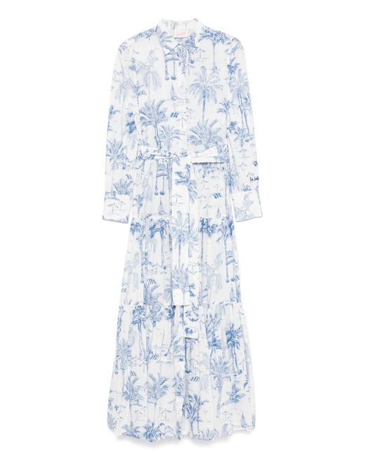 Mc2 Saint Barth Blue Tropical Print Maxi Dress With Front Button Fastening And Belted Waist