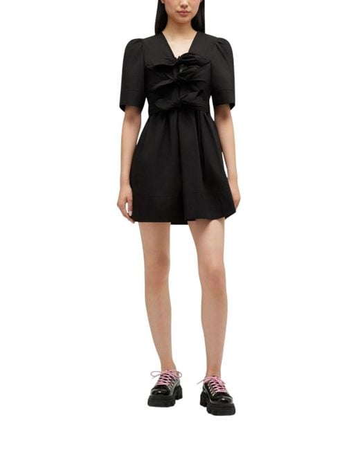 Ganni Black Solid V Neck Mini Dress