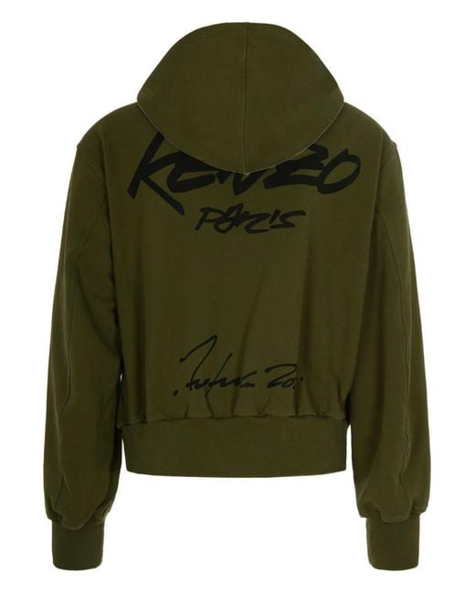 KENZO Green Printed Zip-Up Hoodie for men