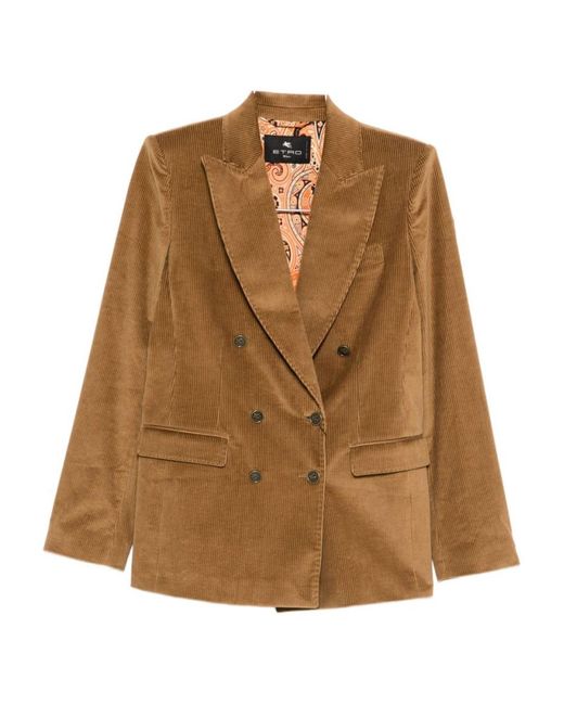 Etro Brown Camel-Colored Ribbed Double-Breasted Blazer