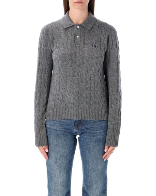 Ralph Lauren Gray Cable-Knit Wool Cashmere Polo Sweater