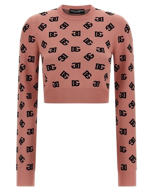 Dolce & Gabbana Pink Crop Sweater With All-Over Printed Dg Logo
