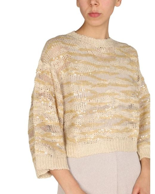 Brunello Cucinelli Natural Embellished Crew Neck Sweater