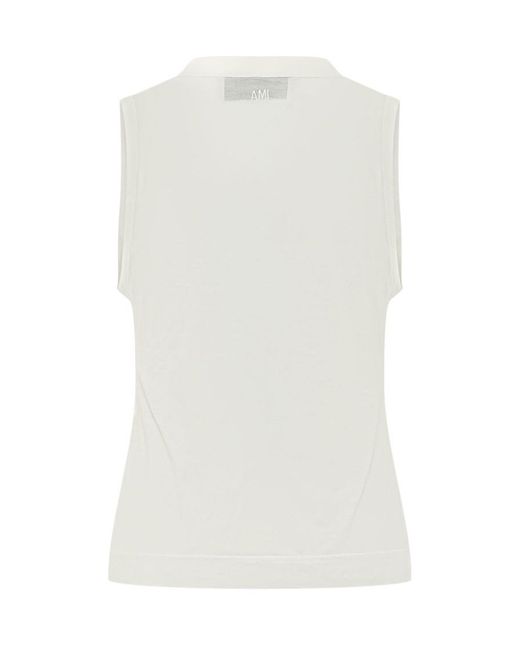 AMI White Solid Crew Neck Top