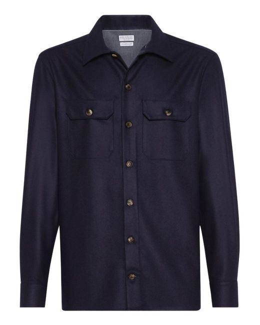 Brunello Cucinelli Blue Wool Shirt for men