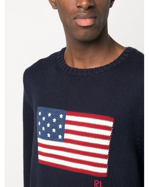 Ralph Lauren Blue Crewneck Sweater With American Flag Graphic for men