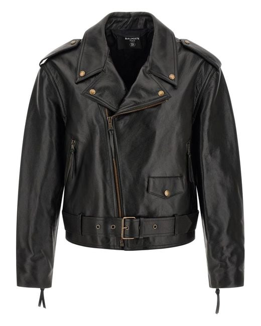 Balmain Black Leather Notched Lapel Jacket for men