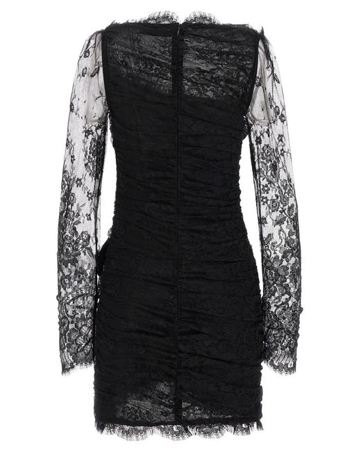 Alessandra Rich Women's Black Draped Lace Mini Dress With Plunging Neckline