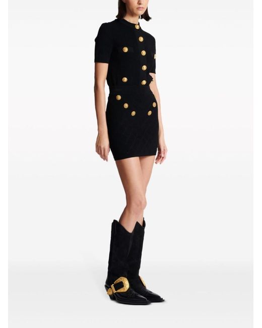 Balmain Blue Pointelle Knit Button-Detail Skirt