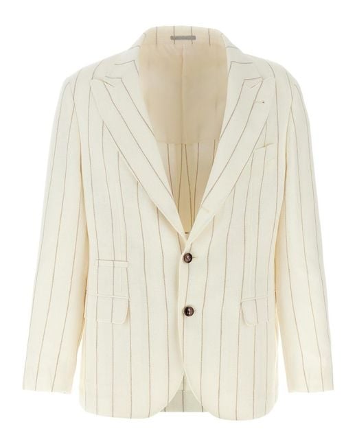 Brunello Cucinelli White Pinstriped Deconstructed Blazer for men