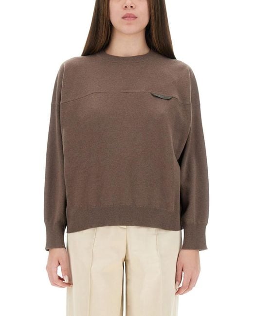 Brunello Cucinelli Brown Solid Crew Neck Sweater