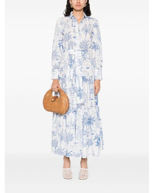 Mc2 Saint Barth Blue Tropical Print Maxi Dress With Front Button Fastening And Belted Waist