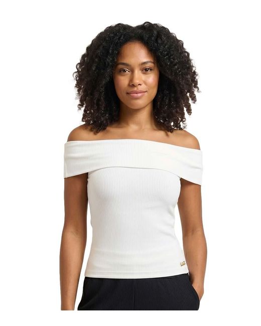 EA7 White Solid Off Shoulder Top