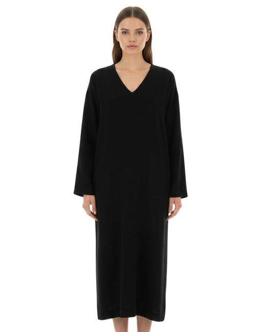 The Row Black Solid V Neck Midi Dress