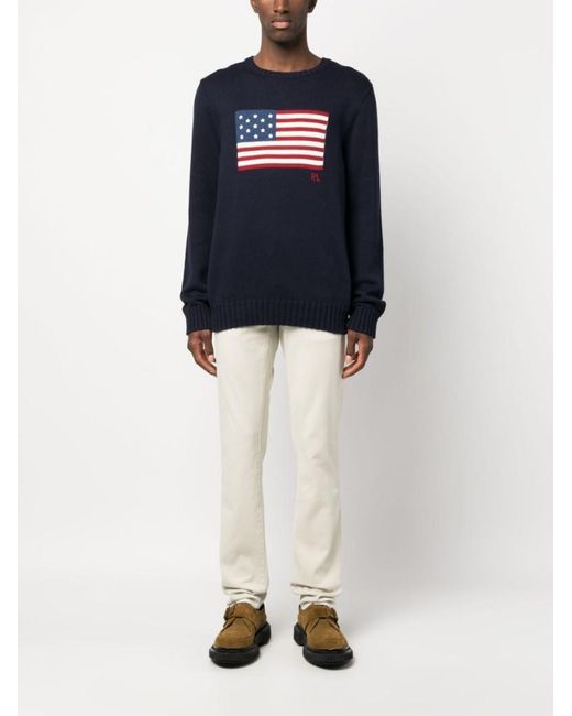 Ralph Lauren Blue Crewneck Sweater With American Flag Graphic for men