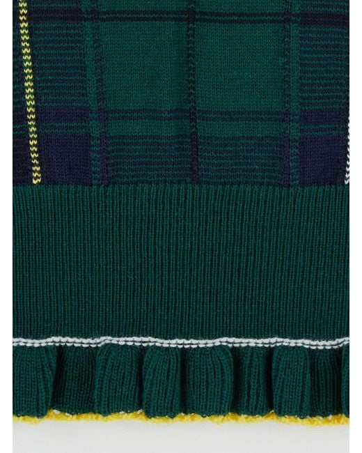 McQueen Green Crew Neck Sweater With Tartan Pattern And Fringed Hem