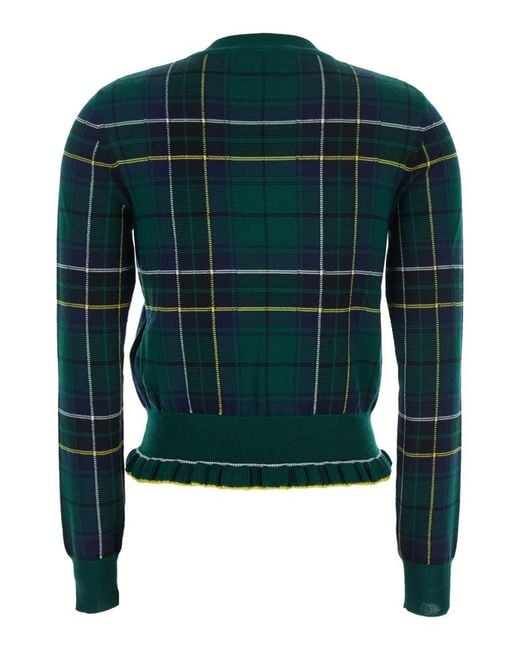 McQueen Green Crew Neck Sweater With Tartan Pattern And Fringed Hem