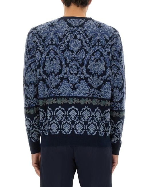 Etro Blue Cotton Sweater With Decorative Pattern for men