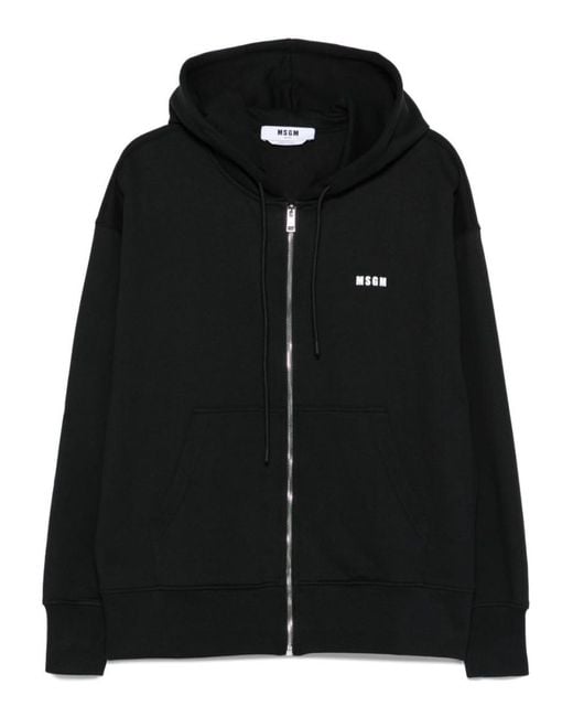 MSGM Black Zippered Hoodie With Drawstring for men