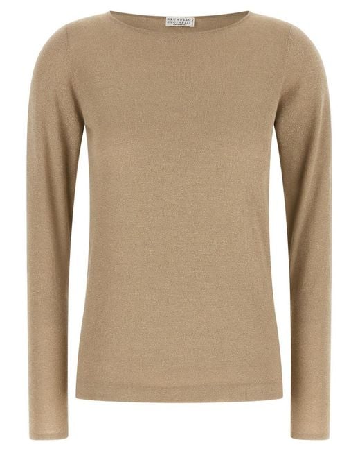 Brunello Cucinelli Natural Solid Boat Neck Sweater