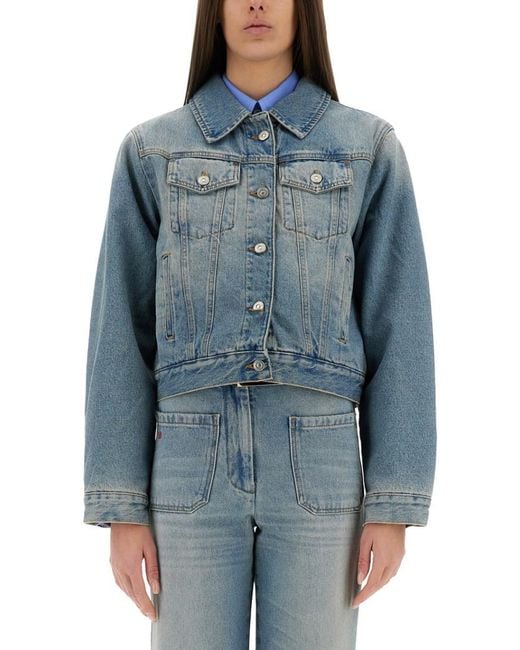 Victoria Beckham Blue Solid Shirt Collar Jacket