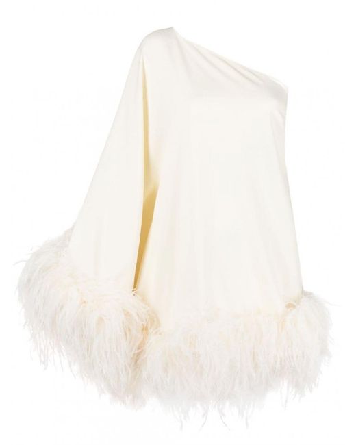 ‎Taller Marmo White Off Off One-Shoulder Feather-Trimmed Crepe Mini Dress