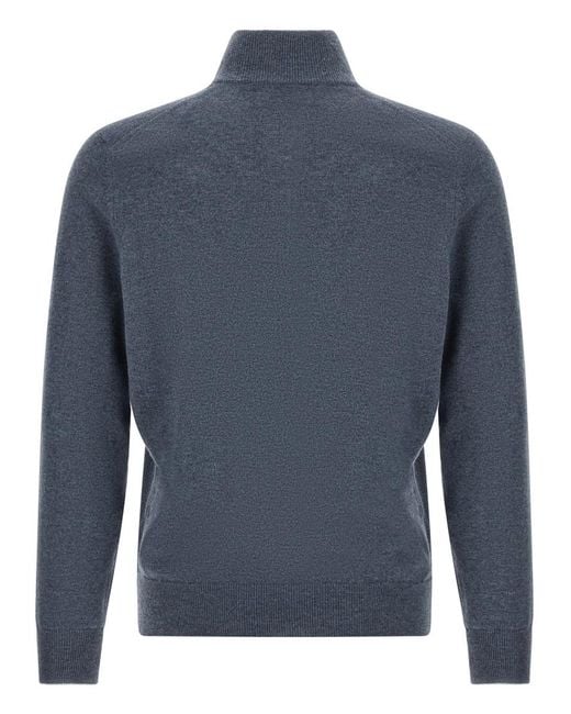 Brunello Cucinelli Blue Solid Mock Collar Sweater for men