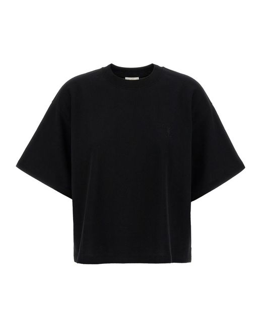 Tシャツ・カットソー SAINT LAURENT BLACK CASSANDRE LOGO TOP IN SILK Saint Laurent Black Cassandre Logo Top In Silk – LOZURI®