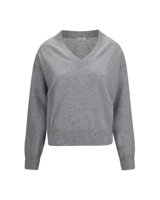 Brunello Cucinelli Gray Solid V Neck Sweater