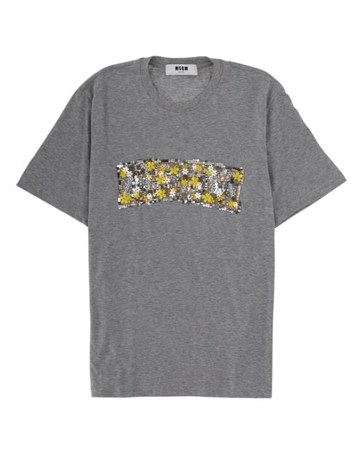 MSGM Gray Sequin Floral Patch Cotton T-Shirt