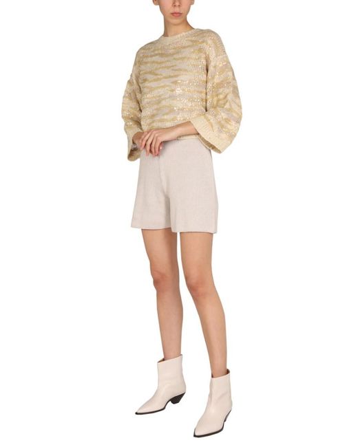 Brunello Cucinelli Natural Embellished Crew Neck Sweater