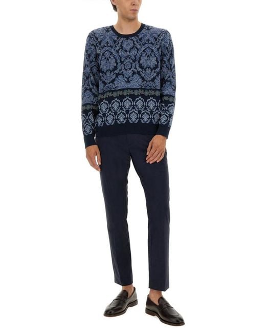 Etro Blue Cotton Sweater With Decorative Pattern for men