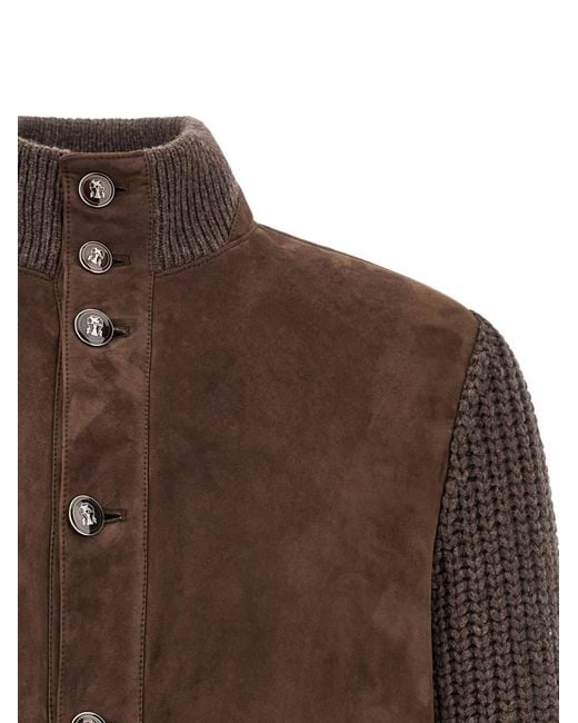 Brunello Cucinelli Brown Solid Mock Collar Jacket for men