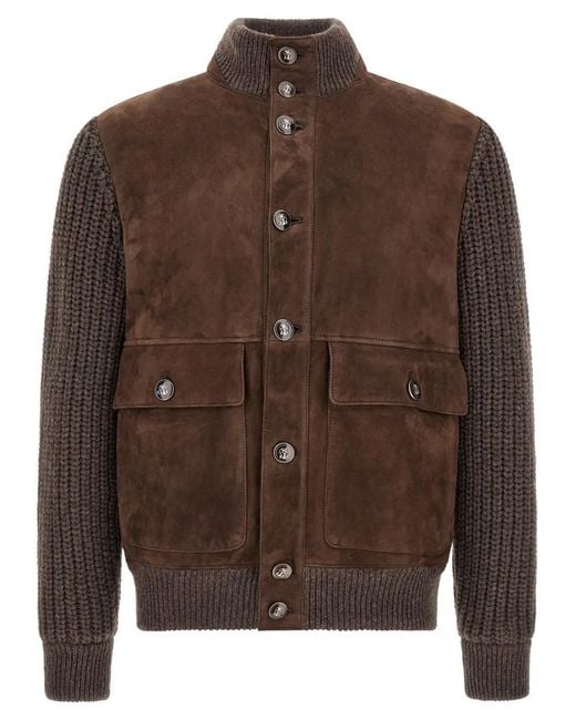 Brunello Cucinelli Brown Solid Mock Collar Jacket for men