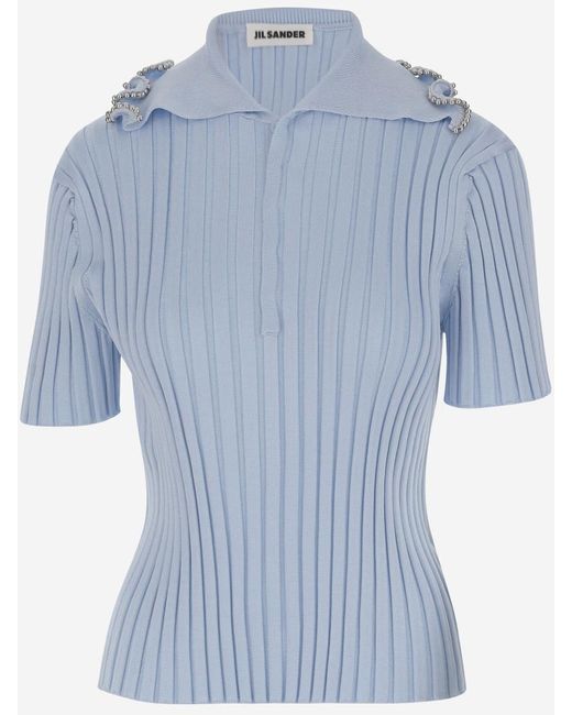 Jil Sander Blue Viscose Blend Polo Shirt With Ruffle Flounce