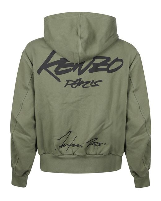 KENZO Green Printed Zip-Up Hoodie for men