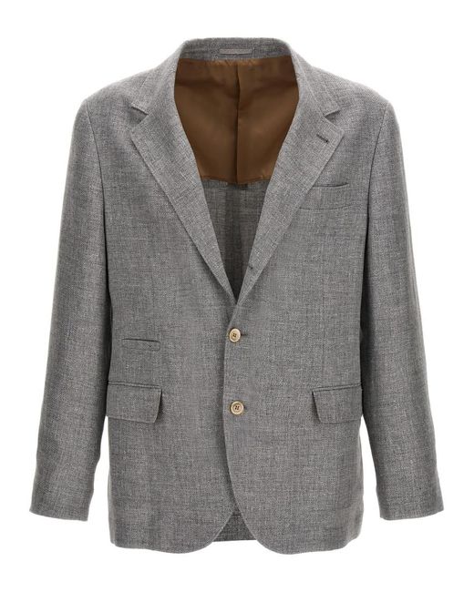 Brunello Cucinelli Gray Single-Breasted Linen Blend Blazer for men