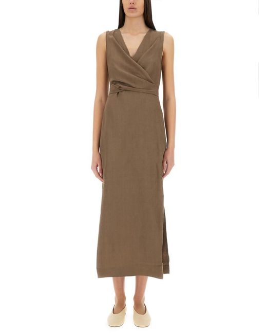 Brunello Cucinelli Women's Brown Solid V Neck Midi Dress