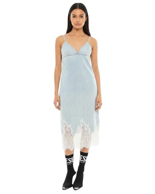 DIESEL Blue Solid V Neck Midi Dress