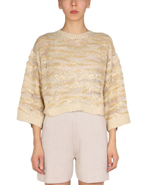 Brunello Cucinelli Natural Embellished Crew Neck Sweater