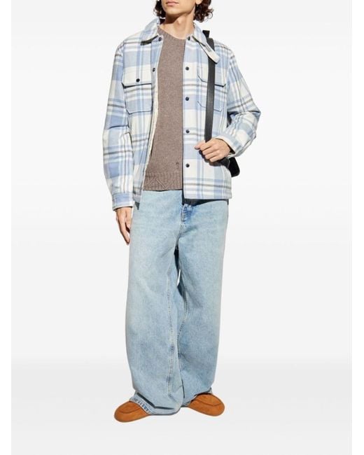 Woolrich Blue Plaid Logo Jacket With Structured Collar for men
