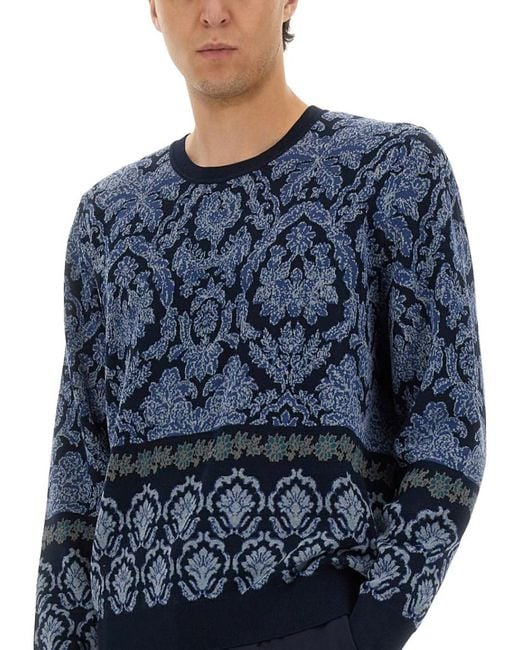 Etro Blue Cotton Sweater With Decorative Pattern for men
