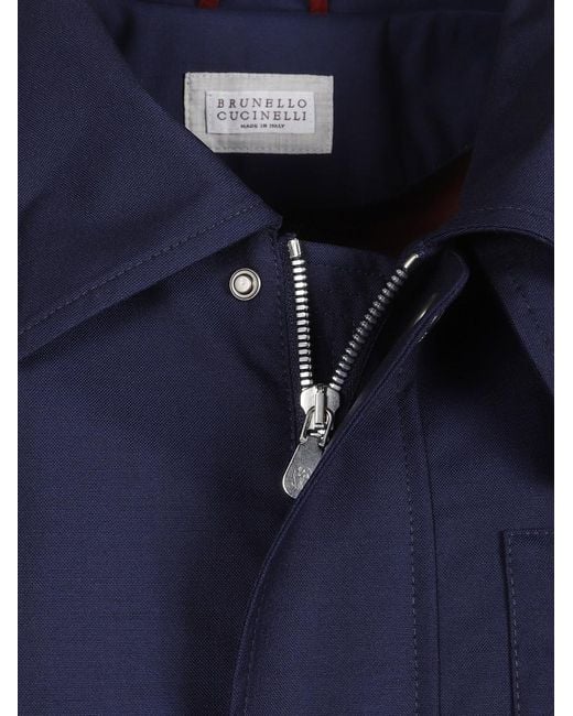 Brunello Cucinelli Blue Solid Shirt Collar Jacket for men