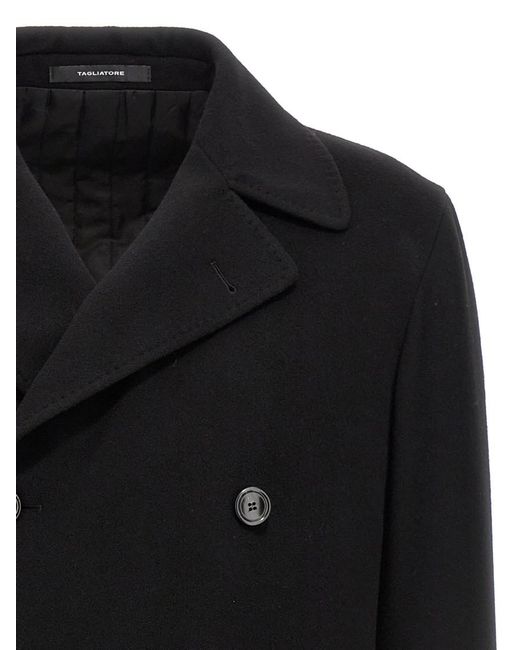 Tagliatore Black Double Breasted Buttoned Coat for men